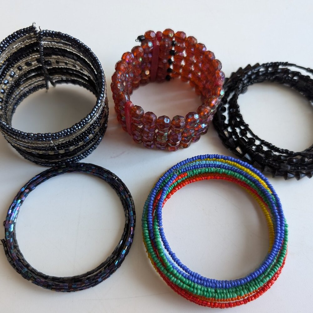 5 Beaded Bracelets bundle, black and white, rainbow, and red coloured